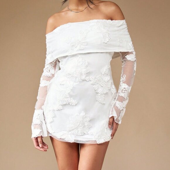 White Elegant Womens Embroidered Flap Off Shoulder Bardot Long Sleeve Mini Dress - Picture 3 of 7